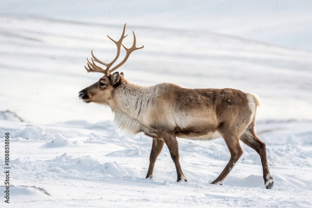 Reindeer walking through snowy landscape arctic region wildlife winter scene side view nature conservation Reindeer walking through snowy landscape arctic region wildlife winter scene side view nature conservation