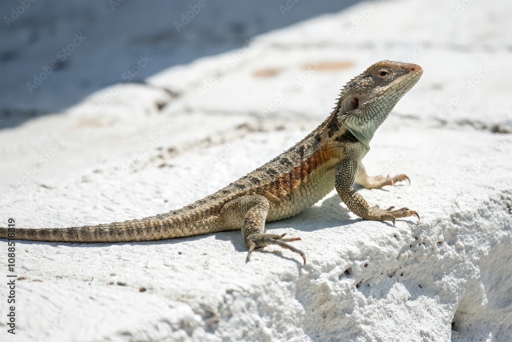 Fototapeta premium Lizard sunbathing on a stone outdoor nature scene close-up view