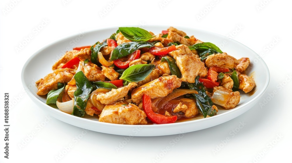A plate of spicy Thai basil chicken stir-fry with marinated chicken, bell peppers, onions A plate of spicy Thai basil chicken stir-fry with marinated chicken, bell peppers, onions