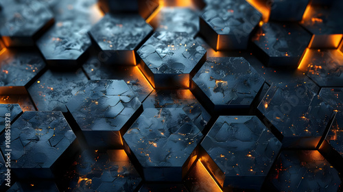 Abstract 3D Background with Dark Hexagons and Glowing Edges