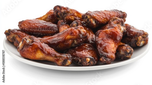 A plate of succulent barbecue chicken wings with a honey barbecue glaze, Each wing’s caramelized exterior and tender meat captured with precision