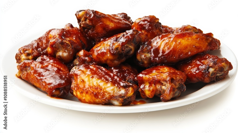 A plate of succulent barbecue chicken wings with a sticky barbecue sauce glaze, Each wing’s caramelized exterior and tender meat captured with precision A plate of succulent barbecue chicken wings with a sticky barbecue sauce glaze, Each wing’s caramelized exterior and tender meat captured with precision
