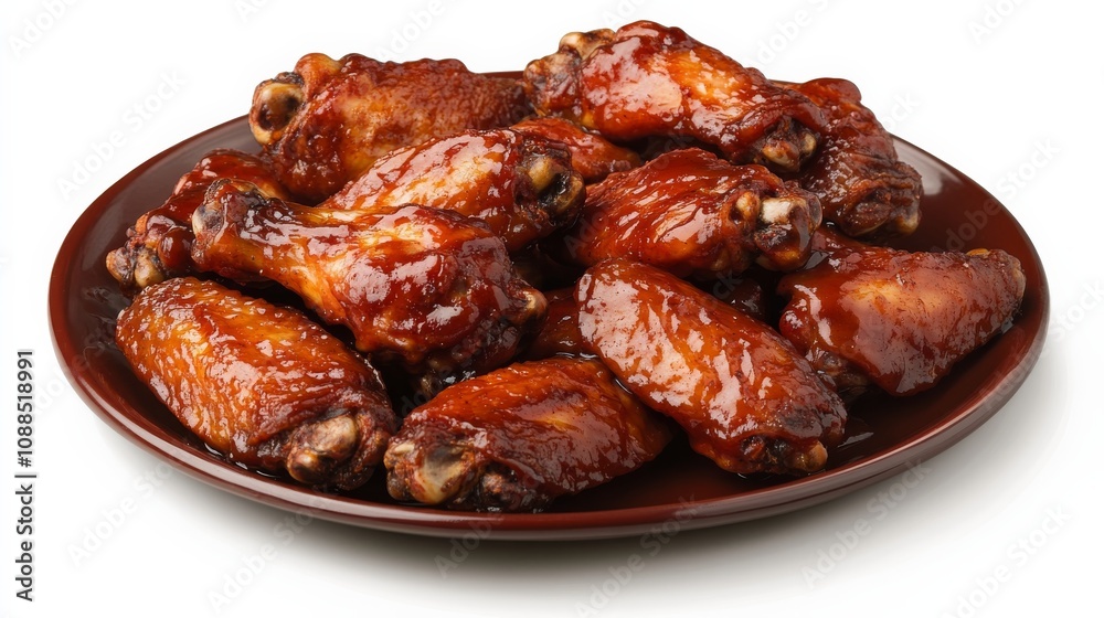 A plate of succulent barbecue chicken wings with a sticky barbecue sauce glaze, Each wing’s caramelized exterior and tender meat captured with precision A plate of succulent barbecue chicken wings with a sticky barbecue sauce glaze, Each wing’s caramelized exterior and tender meat captured with precision