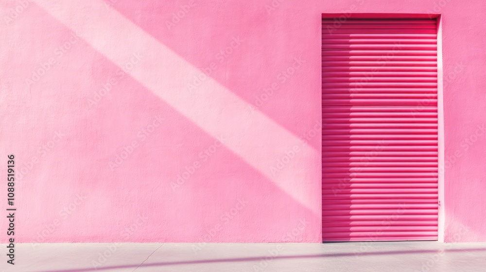 A vibrant pink wall with a closed shutter door, creating a bold backdrop. A vibrant pink wall with a closed shutter door, creating a bold backdrop.