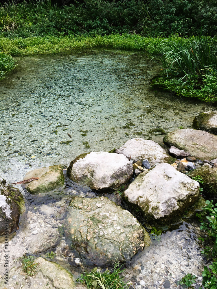 Serene natural pond with clear water and rocky shore Serene natural pond with clear water and rocky shore