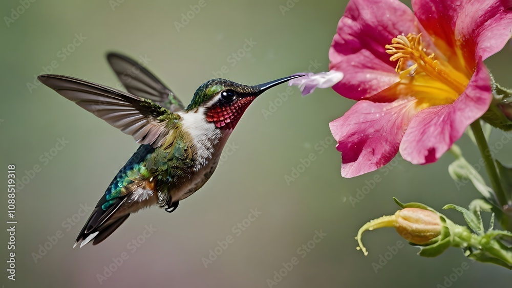 Fototapeta premium Vibrant Hummingbird Feeding on a Bright Pink Flower