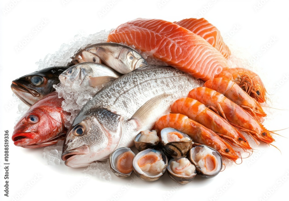 Fresh Seafood Assortment with Various Fish, Prawns, Shrimp, and Shellfish on Ice Ideal for Culinary and Nutritional Purposes in a Bright Setting Fresh Seafood Assortment with Various Fish, Prawns, Shrimp, and Shellfish on Ice Ideal for Culinary and Nutritional Purposes in a Bright Setting