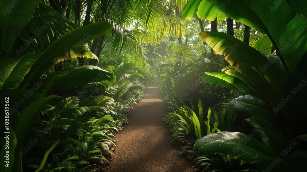 Obraz premium Lush tropical jungle trail bathed in soft golden light, inviting exploration and adventure in nature's embrace.