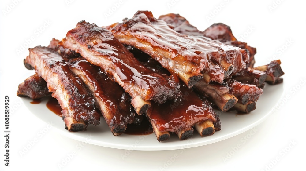 A plate of succulent barbecue ribs with a sticky barbecue sauce glaze, Each rib’s caramelized exterior and tender meat captured with precision A plate of succulent barbecue ribs with a sticky barbecue sauce glaze, Each rib’s caramelized exterior and tender meat captured with precision