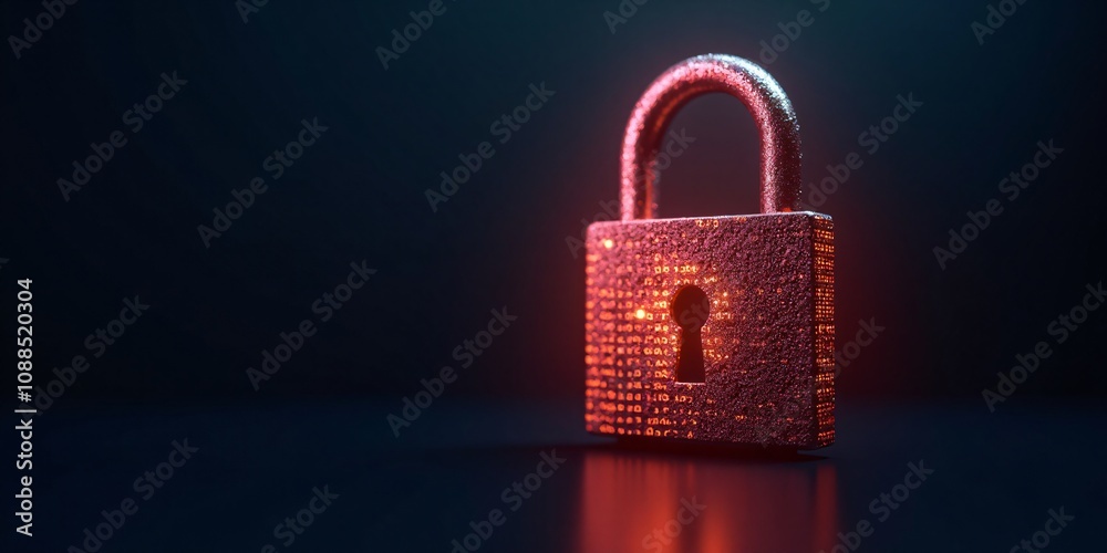 Cybersecurity concept, Digital Lock Icon on a Futuristic Background, A glowing padlock icon with binary code and a dark gradient background with copy space. Cybersecurity concept, Digital Lock Icon on a Futuristic Background, A glowing padlock icon with binary code and a dark gradient background with copy space.