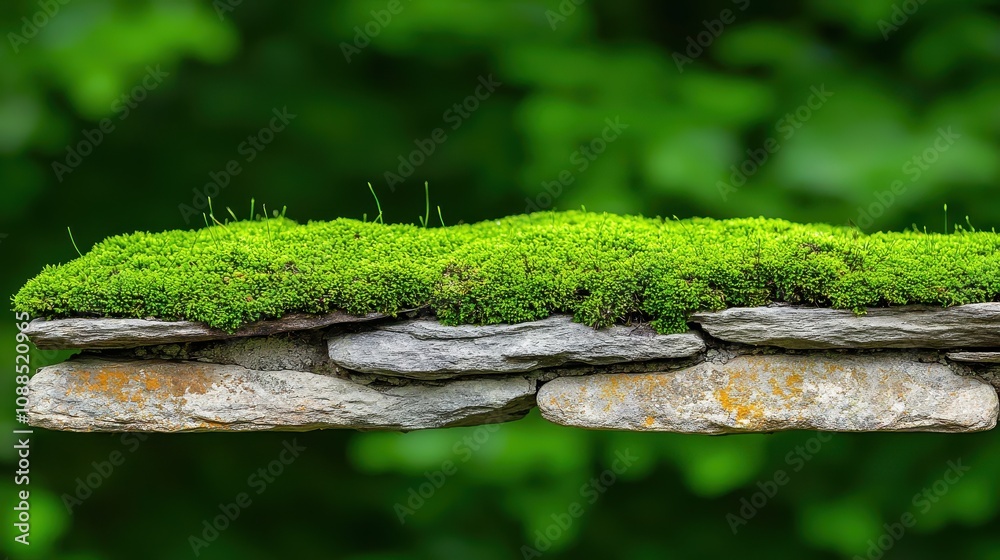 Lush Green Moss Growing on Weathered Stone Slab Surrounded by Blurred Nature Background for Tranquil Garden or Landscape Concepts Lush Green Moss Growing on Weathered Stone Slab Surrounded by Blurred Nature Background for Tranquil Garden or Landscape Concepts