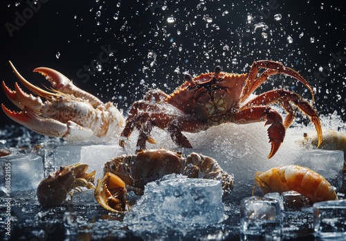 Fresh Seafood Display Featuring Various Crabs on Ice with Splashes of Water Captured in a Dramatic, High-Contrast Shot for Culinary Inspiration photo