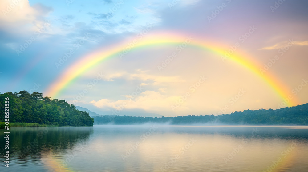 hopeful scene of rainbow arching over calm lake, surrounded by lush greenery and soft mist. tranquil atmosphere evokes sense of peace and serenity hopeful scene of rainbow arching over calm lake, surrounded by lush greenery and soft mist. tranquil atmosphere evokes sense of peace and serenity