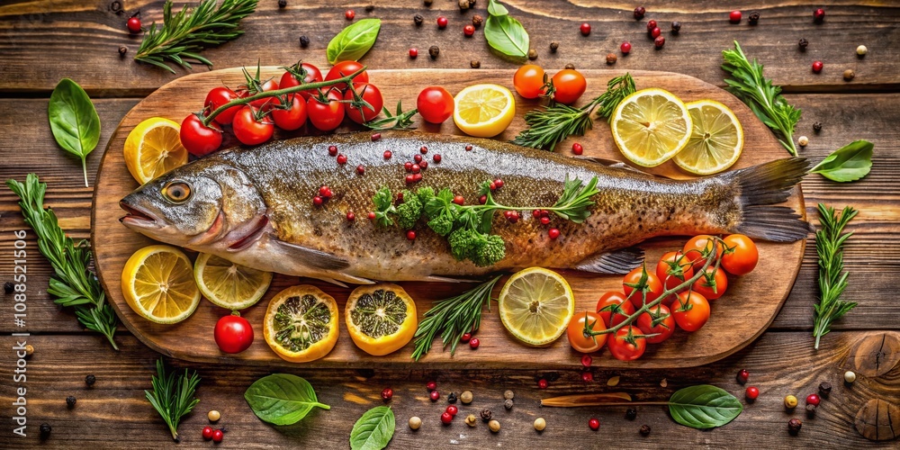 Delicious Baked Trout on a Bright Wooden Surface – A Top View Culinary Delight Showcasing Fresh Ingredients and Vibrant Colors Perfect for Food Lovers and Cooking Enthusiasts Delicious Baked Trout on a Bright Wooden Surface – A Top View Culinary Delight Showcasing Fresh Ingredients and Vibrant Colors Perfect for Food Lovers and Cooking Enthusiasts