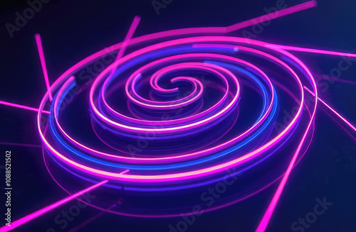 Graphic design art of abstract illusion of spiral with geometric shapes of violet neon lines