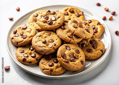 Delicious Chocolate Chip Cookies with Peanuts on a Plate, Isolated on White Background - Perfect for Dessert Lovers and Baking Enthusiasts