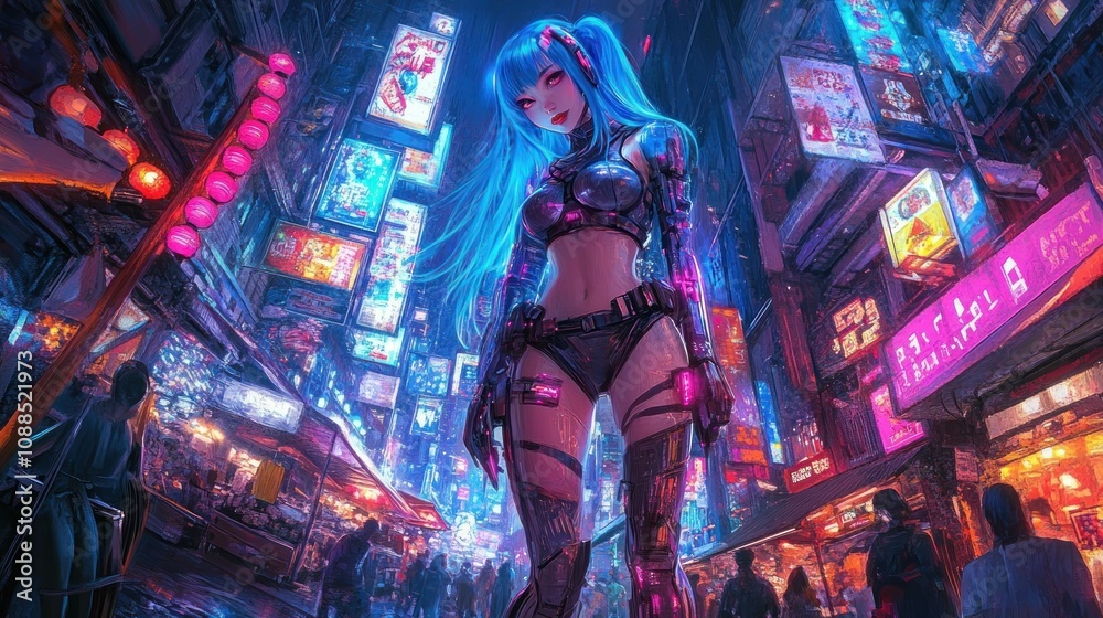 Fototapeta premium Cyberpunk Cityscape: Futuristic Anime Girl Amidst Neon Lights
