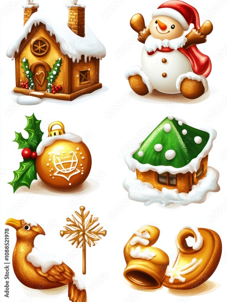 Gingerbread cookie in Christmas New Year symbol form set. Holiday treat in shape of xmas house, bell, snowflake, man, star, snowman, bird, holly, santa vector illustration isolated on white backgroun Gingerbread cookie in Christmas New Year symbol form set. Holiday treat in shape of xmas house, bell, snowflake, man, star, snowman, bird, holly, santa vector illustration isolated on white backgroun