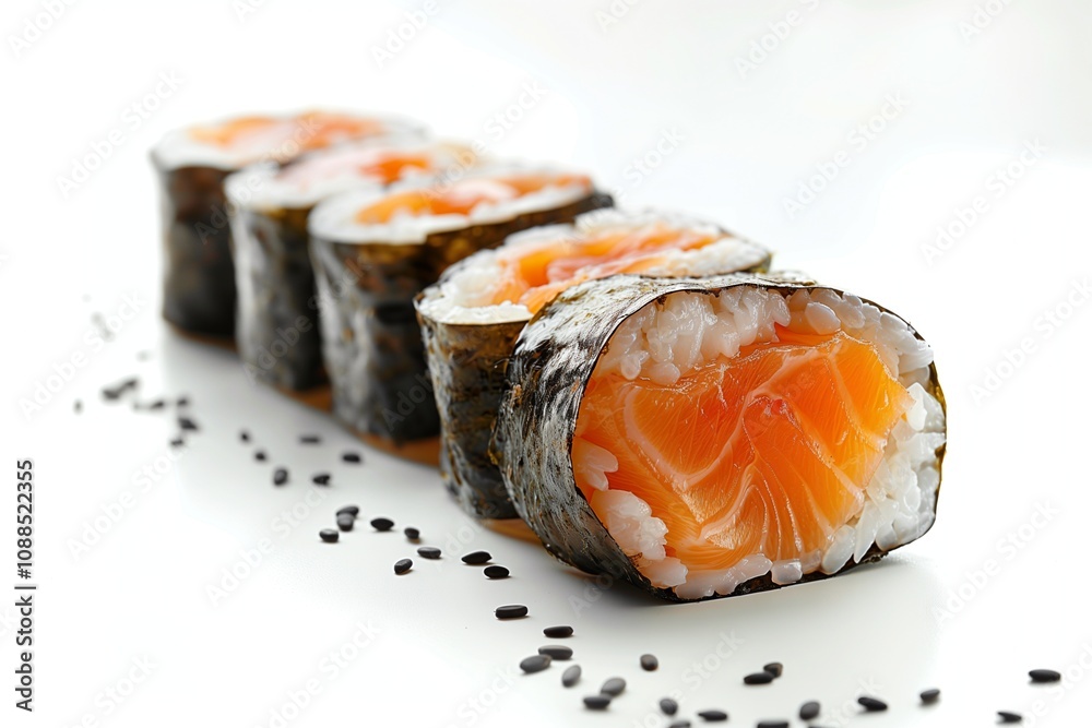 Closeup of four salmon sushi rolls, neatly arranged, showcasing the vibrant orange salmon and white rice Closeup of four salmon sushi rolls, neatly arranged, showcasing the vibrant orange salmon and white rice