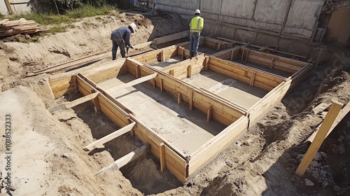 Setting up wooden forms for concrete foundation, construction workers in helmets, early stages of house building,