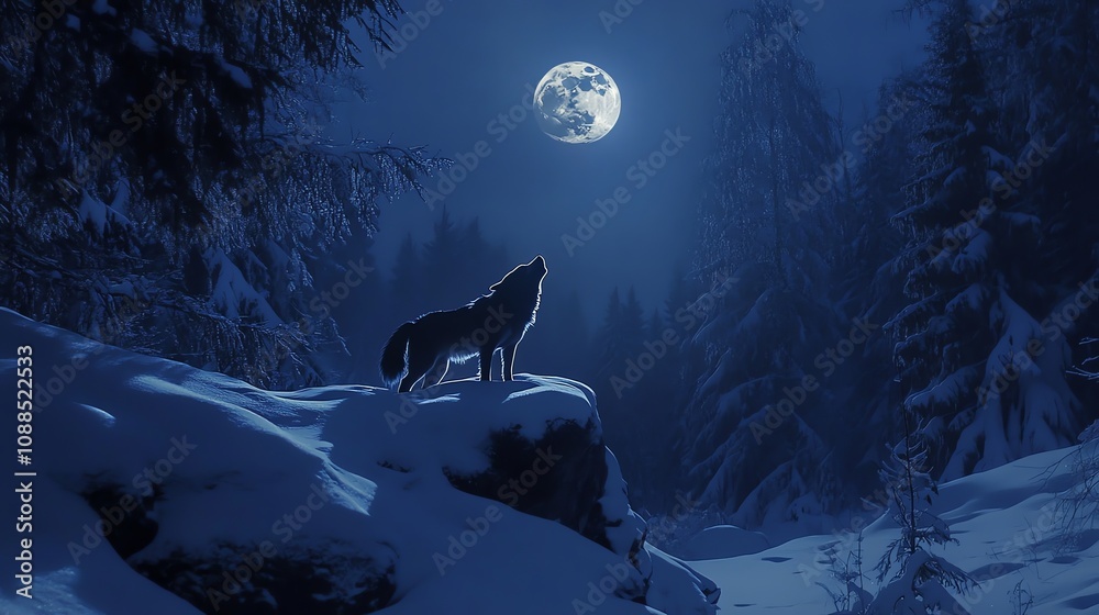 A lone wolf howls at the full moon in a snowy forest. A lone wolf howls at the full moon in a snowy forest.