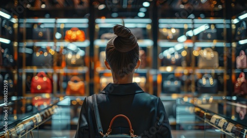 A stylish woman browsing through a high-end boutique, admiring luxurious handbags and accessories displayed in a sleek, modern store interior, reflecting an exclusive shopping experience