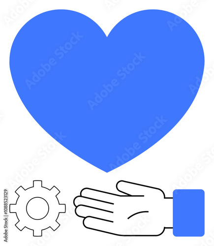 Blue heart, open palm, and gear combined. Ideal for themes thumbs up compassion, generosity, teamwork, support, love charity and unity. Line metaphor