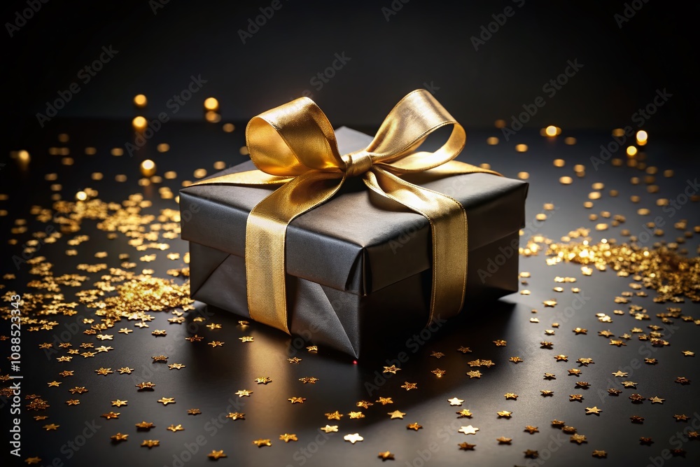Elegant Black Friday Gift Box with Golden Ribbon and Confetti on Luxurious Black Background for Exceptional Holiday Shopping Promotions Elegant Black Friday Gift Box with Golden Ribbon and Confetti on Luxurious Black Background for Exceptional Holiday Shopping Promotions