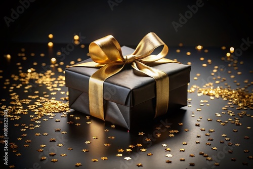 Elegant Black Friday Gift Box with Golden Ribbon and Confetti on Luxurious Black Background for Exceptional Holiday Shopping Promotions photo