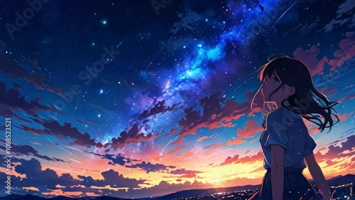 night sky animation with stars and sunset view by girl in starry landscape, segue, transition photo