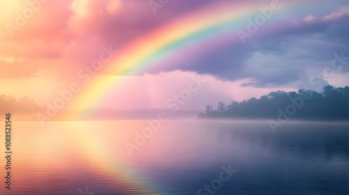 serene scene of rainbow arching over calm lake, reflecting soft pastel colors in sky. tranquil atmosphere evokes sense of hope and peace