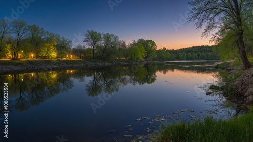 Nightly reflections by the river at springtime - generative ai