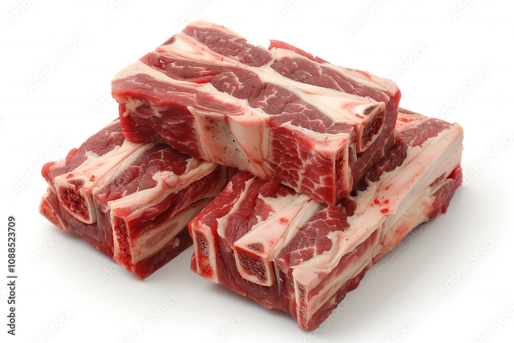 Three raw beef short ribs, marbled with fat, displayed on a white background. The meat is richly colored and appears very fresh. Three raw beef short ribs, marbled with fat, displayed on a white background. The meat is richly colored and appears very fresh.