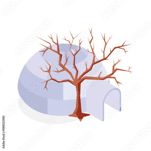 Snowy igloo near a barren winter tree, a cold scene