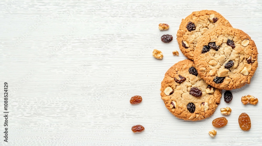 Delicious homemade cookies with chocolate chips, walnuts, and raisins displayed on a rustic wooden surface, ideal for sweet treat and baking enthusiasts Delicious homemade cookies with chocolate chips, walnuts, and raisins displayed on a rustic wooden surface, ideal for sweet treat and baking enthusiasts