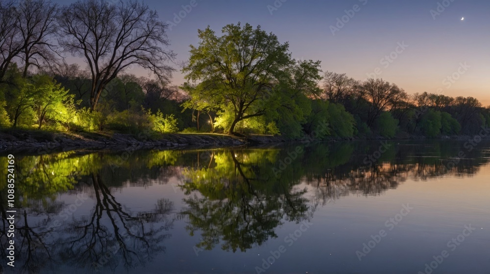 Nightly reflections by the river at springtime - generative ai Nightly reflections by the river at springtime - generative ai