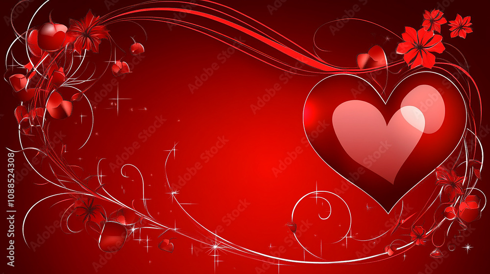 A red heart with shiny, reflective surface, surrounded by swirling vines and flowers on a red background with sparkling stars. A red heart with shiny, reflective surface, surrounded by swirling vines and flowers on a red background with sparkling stars.