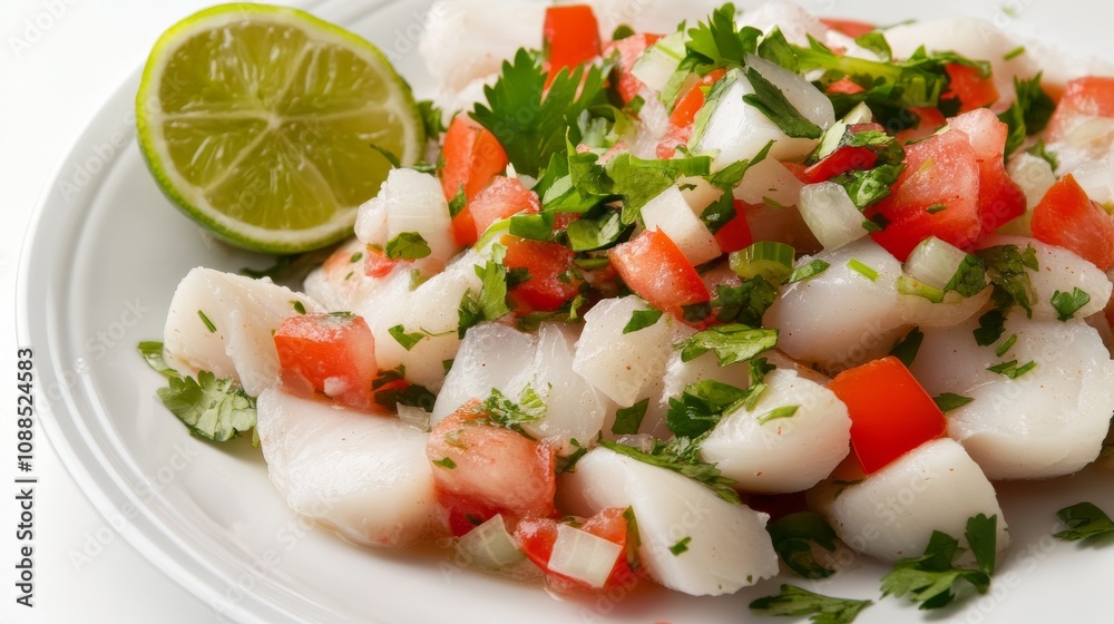 A plate of tangy ceviche with fresh fish marinated in lime juice, diced tomatoes, onions A plate of tangy ceviche with fresh fish marinated in lime juice, diced tomatoes, onions