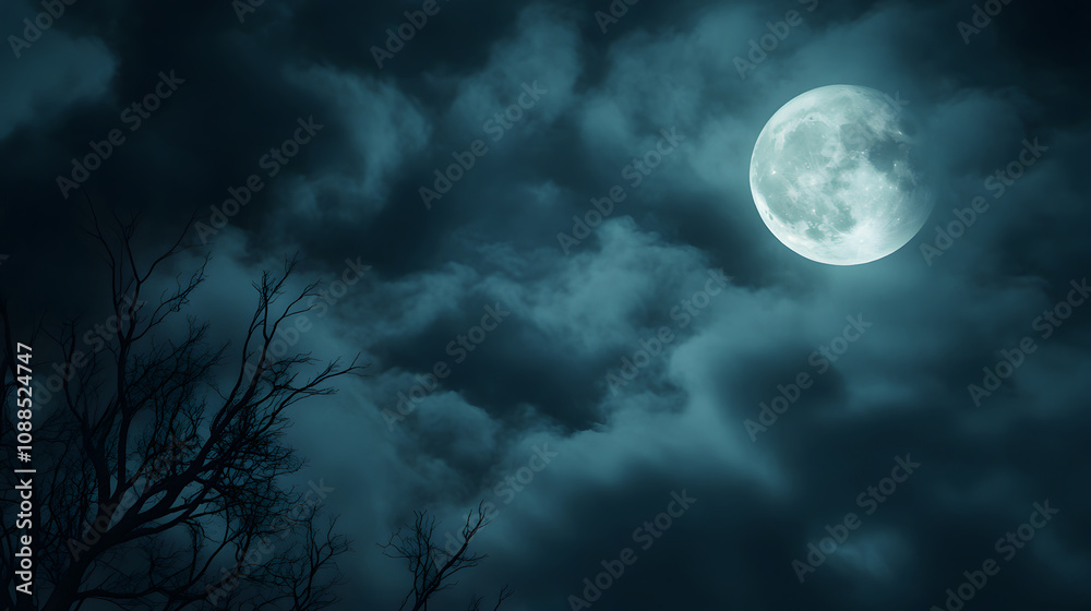 serene night sky filled with dark swirling clouds and bright full moon casting gentle glow. silhouette of bare branches adds touch of mystery to scene serene night sky filled with dark swirling clouds and bright full moon casting gentle glow. silhouette of bare branches adds touch of mystery to scene