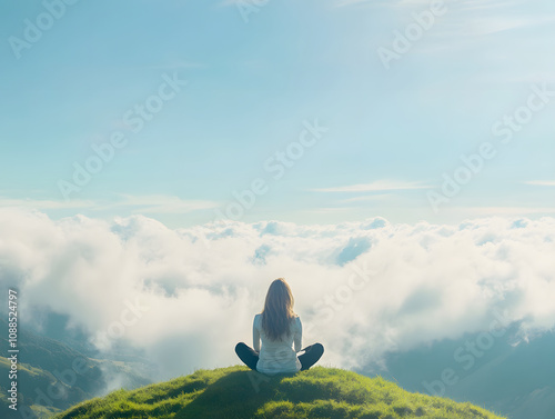 woman meditating on mountain top, surrounded by clouds and serene sky, embodies tranquility and peace. This breathtaking view inspires sense of calm and connection with nature