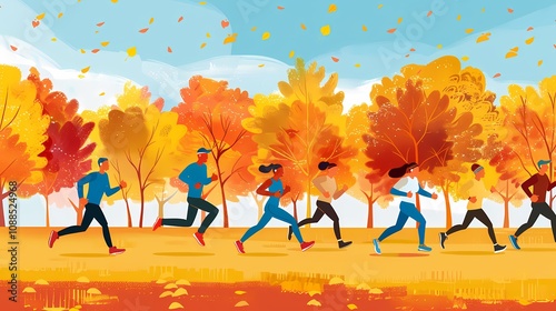 An illustration of a group of people running in a park, with vibrant trees and a clear sky