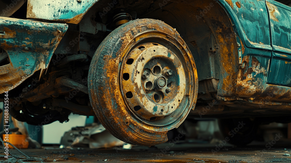 Weathered wheels of a rusty, heavy-duty vehicle, likely used in construction or agriculture Weathered wheels of a rusty, heavy-duty vehicle, likely used in construction or agriculture