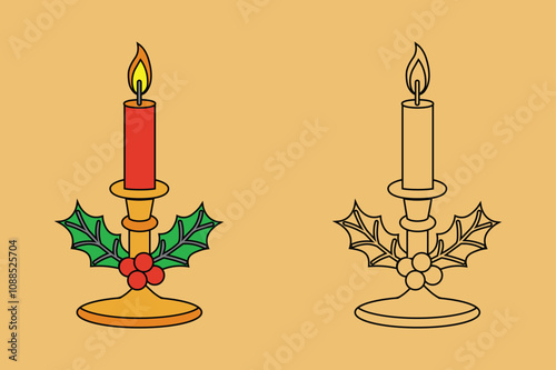 Glowing Festive Christmas Candles Decorated with Holly Leaves and Berries