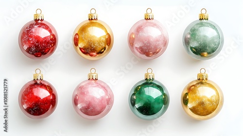 Colorful Christmas Ornaments on a White Background AI Generated