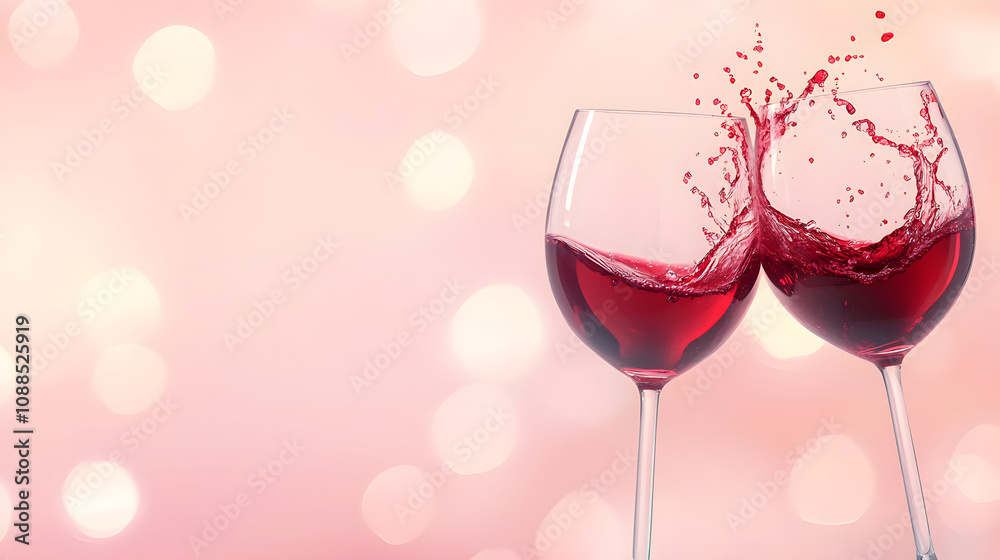 Cheers to love and celebration with two wine glasses clinking together, showcasing splash of red wine against soft, dreamy background Cheers to love and celebration with two wine glasses clinking together, showcasing splash of red wine against soft, dreamy background