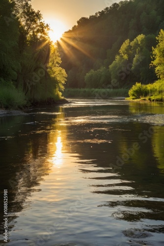 Sun over calm river in the spring morning - generative ai