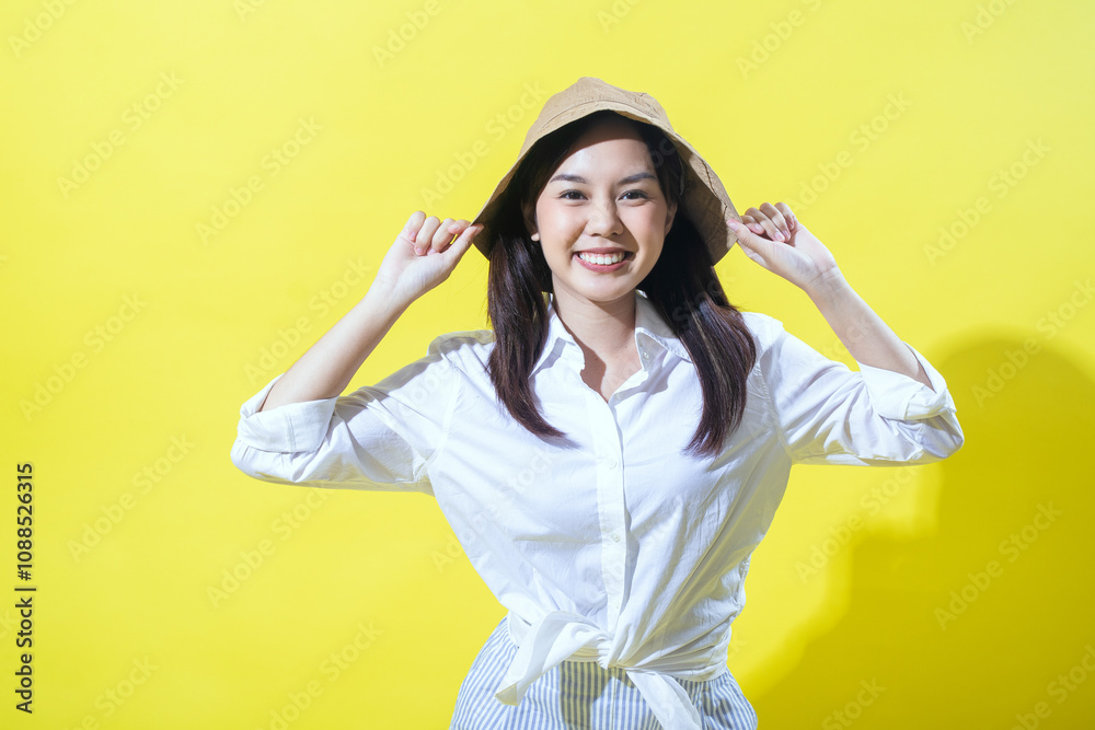 Asian woman wearing a white shirt and striped skirt, playfully holding a beige bucket hat with a cheerful expression against a vibrant yellow background, radiating joy and positivity. Asian woman wearing a white shirt and striped skirt, playfully holding a beige bucket hat with a cheerful expression against a vibrant yellow background, radiating joy and positivity.