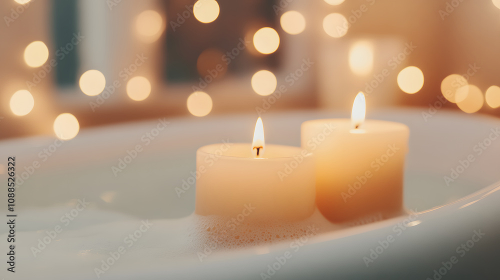 serene scene featuring two lit candles floating in warm bath, surrounded by soft bubbles and dreamy bokeh background. ambiance evokes relaxation and tranquility serene scene featuring two lit candles floating in warm bath, surrounded by soft bubbles and dreamy bokeh background. ambiance evokes relaxation and tranquility