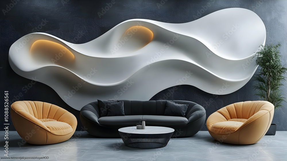 Abstract 3D Interior Design - Modern Living Room with White Wave Wall Sculpture Abstract 3D Interior Design - Modern Living Room with White Wave Wall Sculpture
