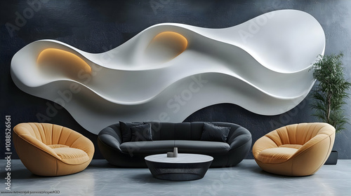 Wallpaper Mural Abstract 3D Interior Design - Modern Living Room with White Wave Wall Sculpture Torontodigital.ca